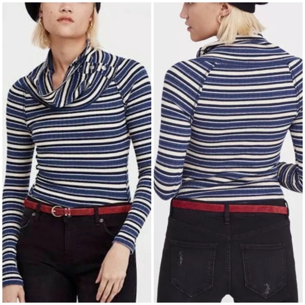 NWT Free People Cape Cod Thermal Top XS blue white long sleeve cowl neck